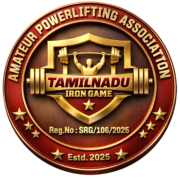 “Amateur Powerlifting Association Tamil Nadu logo with barbell athlete and gold shield design”